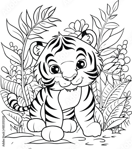 Cute baby tiger sitting among tropical leaves and flowers, happy wildlife vector illustration