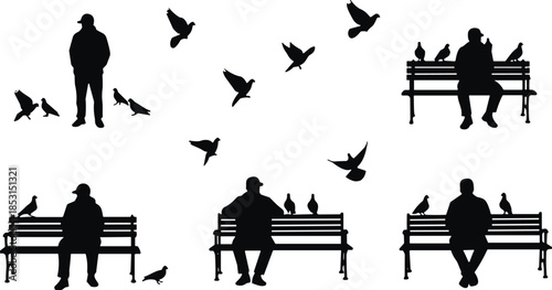 Set of Silhouettes Featuring Old Men Sitting on Park Benches with Pigeons, Flying Birds, Peaceful Retirement, City Life, and Leisure