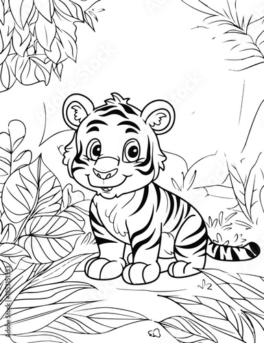 Cute tiger cub in tropical plants, happy jungle animal vector illustration