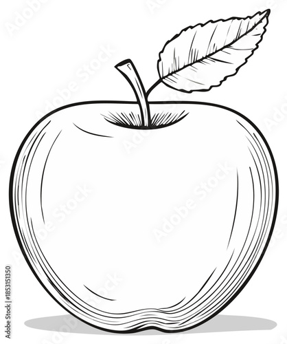 Illustration of a simple apple with stem and leaf in black and white.