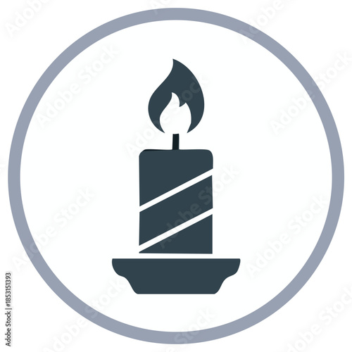Burning candle with striped wax in a holder, a simple flat vector icon in a circular frame