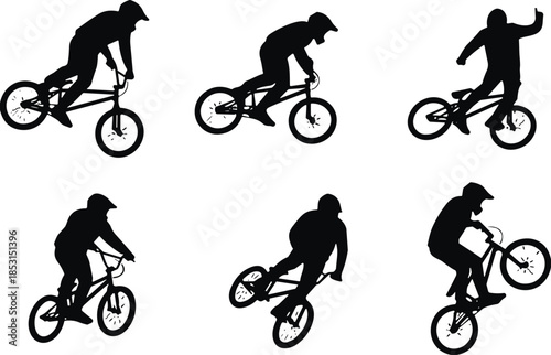 Set of BMX Rider Silhouettes Performing Extreme Stunts, Featuring Bicycle Motocross Action, Sports Competition, Urban Cycling, Freestyle Tricks, and Athletic Performance