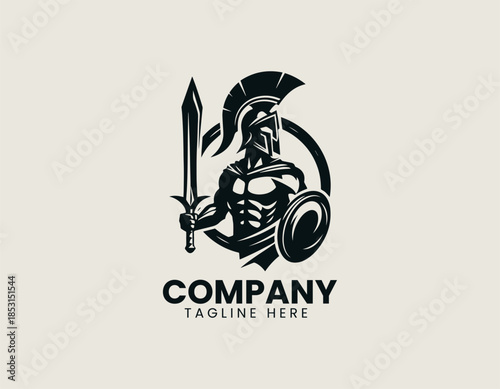 Greek spartan warrior character is illustrated as a disciplined heroic emblem in a strong black vector logo illustration