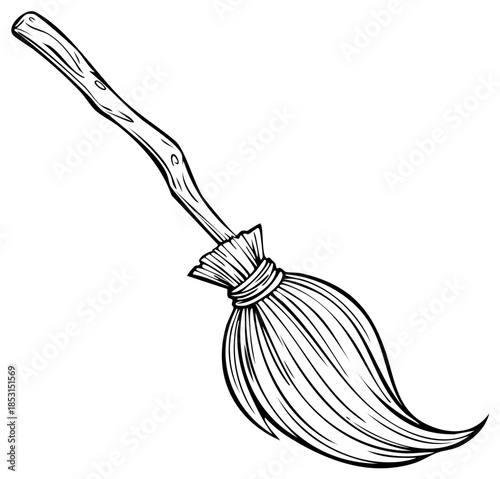 Witch's traditional broomstick illustration with wooden handle and straw brush on white background
