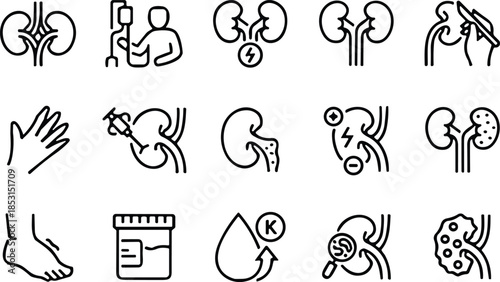 Kidney Health Line Icons Set Featuring Dialysis, Renal Disease, Surgery, Urology Diagnostics, Kidney Stones, Transplantation, Urinary Analysis, and Medical Treatment Illustrations