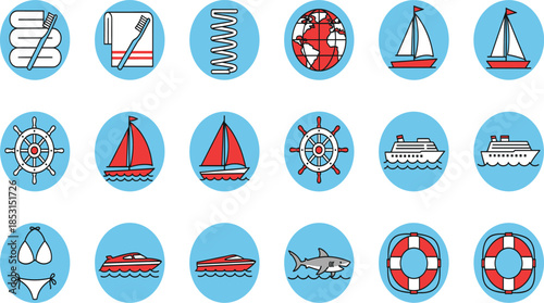 Set of Nautical and Summer Vacation Icons Including Sailboat Cruise Ship Lifebuoy and Shark for Travel Graphic Design.