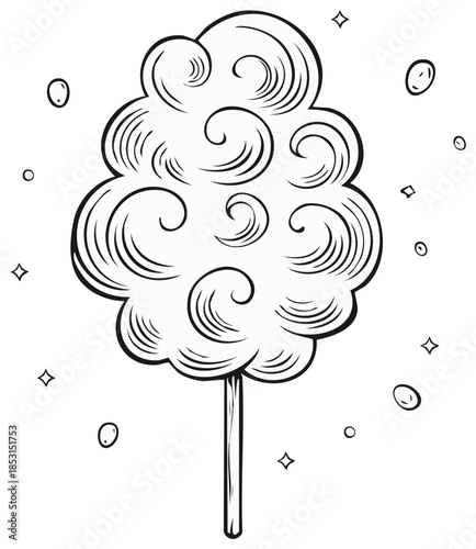 Cotton candy hand drawn black and white illustration on white background
