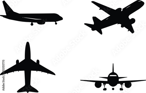 Detailed black airplane silhouettes collection featuring commercial jet liners from side, top, front, and underside views for travel and aviation design.