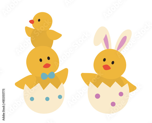 Set of Easter Chick Sitting in Eggshells Flat Vector Illustration.
Easter chicks with bunny ears on their heads.
White background.