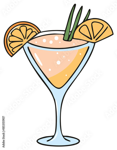 Refreshing cocktail with orange slices and green garnish in a martini glass