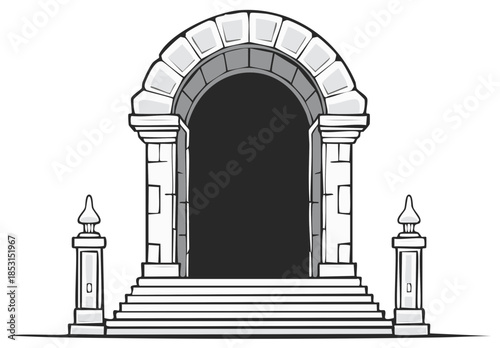 Grand Stone Archway Entrance with Steps and Pillars Architectural Illustration