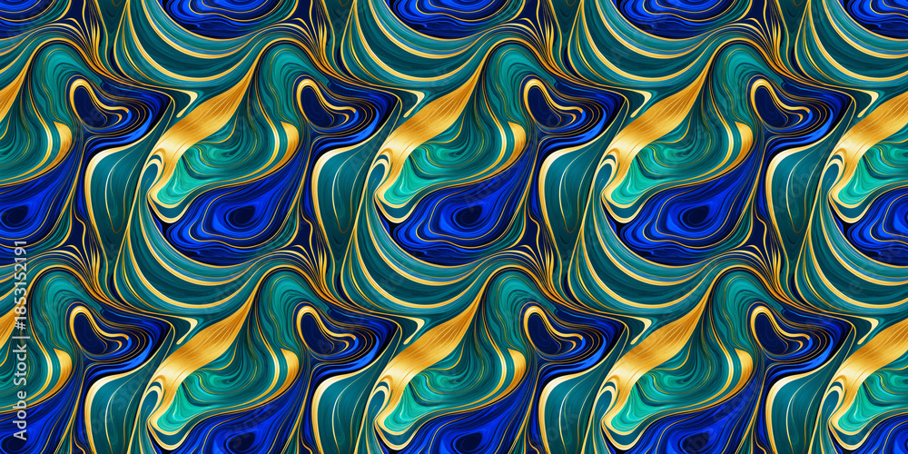 Fototapeta premium Artistic seamless pattern, marble and ink swirl, emerald, gold accents, ideal for wallpaper, backgrounds