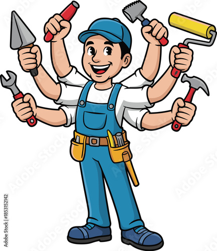 Cartoon handyman with six arms, multitasking worker, tool belt, construction tools, blue overalls, repair character, DIY illustration, skilled labor