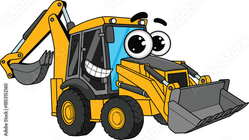 Cartoon backhoe loader, smiling construction vehicle, anthropomorphic machine, kids illustration, expressive eyes, yellow truck, animated digger, friendly character