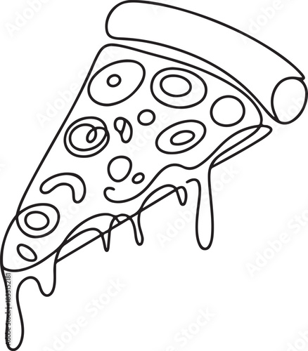 Continuous Line Art Illustration of a Pizza Slice with Cheese Drips and Toppings in Organic Sketch Contour