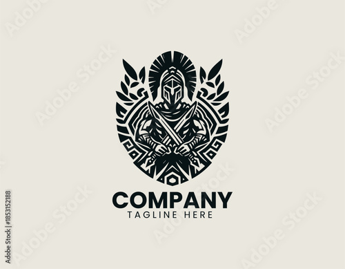 Greek spartan warrior character is illustrated as a disciplined heroic emblem in a strong black vector logo illustration