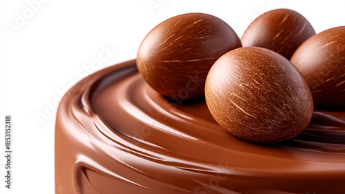 Close-up of a chocolate glazed cake with chocolate decoration of cocoa beans. Desserts concept, confectionery website.