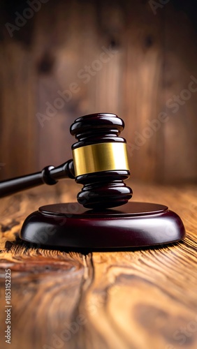 Wooden gavel and sound block on wood surface