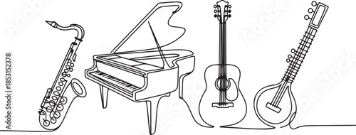 One continuous line musical Instruments. Orchestra saxophone, grand piano, acoustic guitar and sitar. Jazz music isolated vector set.one line vector illustration with out background.