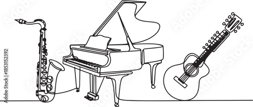 One continuous line musical Instruments. Orchestra saxophone, grand piano, acoustic guitar and sitar. Jazz music isolated vector set.one line vector illustration with out background.