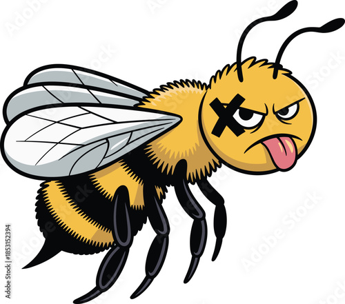 Cartoon angry bee, rebellious insect, funny expression, tongue out, X eye, striped body, flying bug, humorous character, kids illustration