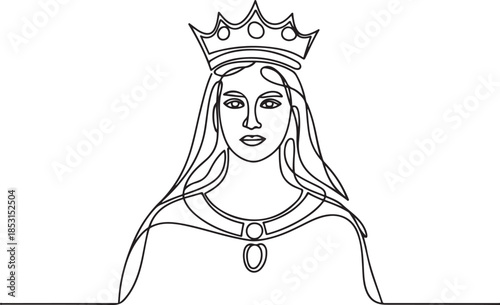 medieval historical european monarch princess queen. Beautiful queen with long hair and crown on head.one line vector illustration with out background.