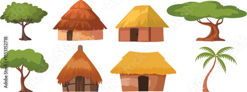 Cartoon traditional huts, tropical trees, rural architecture, thatched roofs, mud walls, village scene, nature illustration, cultural housing, eco-friendly design