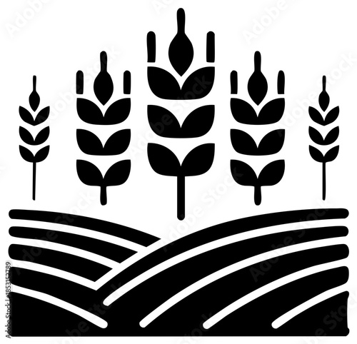 Stylized black and white icon of a wheat field with growing grain stalks and rural landscape