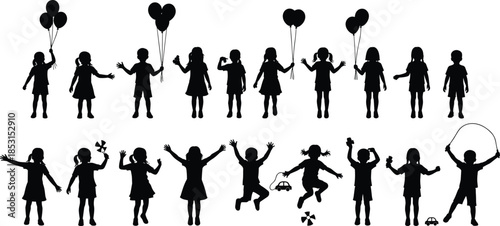 Happy children silhouettes playing with joy, holding balloons and toys, jumping, skipping rope, and having fun, black vector illustration of kids activities, isolated on white background.