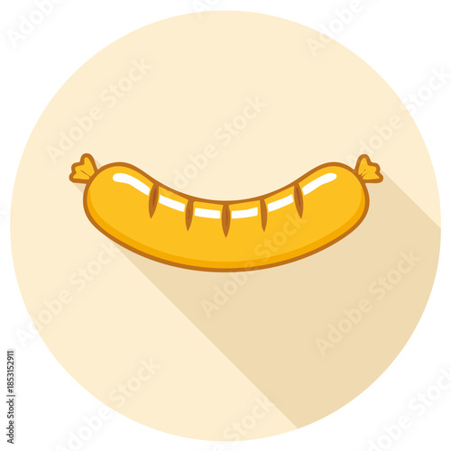 Stylized illustration of a tasty grilled sausage with grill marks and tied ends on a light background