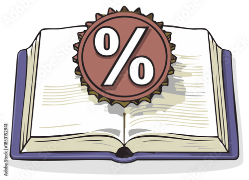 Illustrated open textbook featuring a bold percentage symbol icon symbolizing financial savings or academic achievement