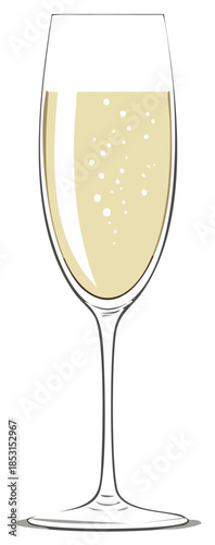 Elegant champagne flute filled with sparkling golden wine and rising effervescent bubbles isolated for celebration toast joy.