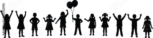 Happy children's silhouette standing together, celebrating, having fun, hands up in the air, group of diverse kids enjoying a party, playing outdoors, vector illustration.