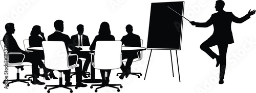 Professional business meeting, presentation, or training session with group of people sitting around conference table watching presenter pointing at blank chalkboard or flip chart