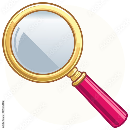 Classic golden magnifying glass with a red handle cartoon vector illustration