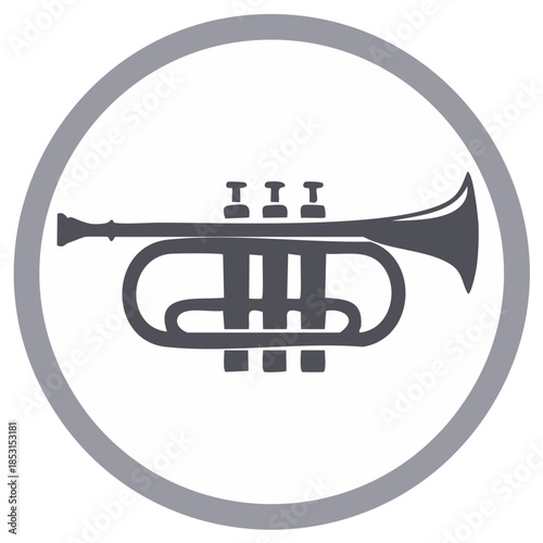 Gray Trumpet Silhouette Musical Instrument in Circle Frame, Isolated