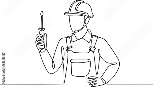 Set of builder with screwdriver in a work uniform, electrician, handyman, hard hat one line art.one line vector illustration with out background.