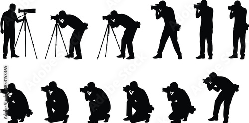 Professional photographer silhouette set, capturing action and moments, standing, crouching, and using a tripod, vector drawing collection, isolated black shapes