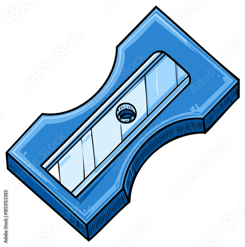 Sharp blue pencil sharpener with metal blade detail for office or school supplies