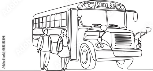 Single continuous line drawing 2 male and female students walking out of the school bus.one line vector illustration with out background.