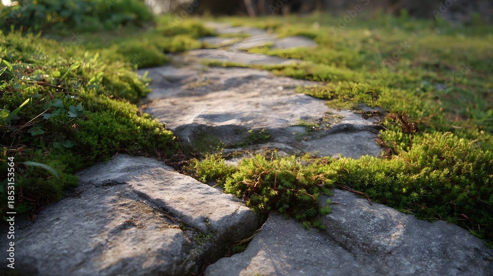 Fototapeta premium Mossy stone path in a sunlit garden showcasing lush green growth and natural textures
