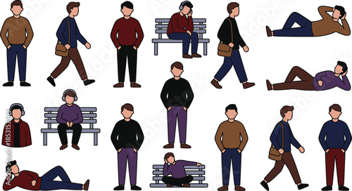 Set of diverse men figures in various poses including walking with messenger bags, sitting on benches with headphones, standing, and lying down, cad drawing flat vector illustration