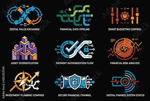 Financial technology and business icons for digital banking and commerce