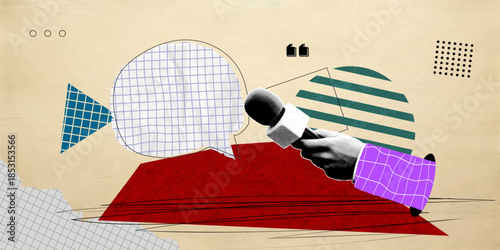 Trendy halftone collage. Hand holding a microphone and a voice message bubble. Online broadcast. Audio recording of an interview. Podcast talk. Vector illustration.
