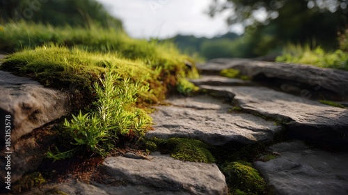Wallpaper Mural Close up of moss and grass growing on a textured stone path in natural sunlight Torontodigital.ca