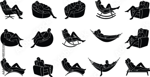 Set of People Relaxing in Modern Indoor Furniture Silhouettes, Including Chairs, Sofas, and Lounges, Representing Leisure, Comfort, Rest, and Daily Life Activities Vector Illustration