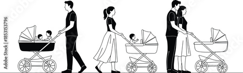 Silhouettes of parents walking and standing with baby strollers, illustrating family life, parenthood, and outdoor activity, flat vector illustration cad drawing, isolated white background