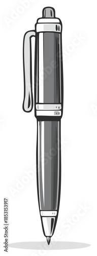 Hand-drawn sketch of a sleek gray ballpoint pen with a clip, isolated on white