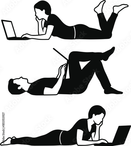 Silhouettes of people lying down using laptops in relaxed poses for remote work study and leisure activity cad drawing flat vector illustration