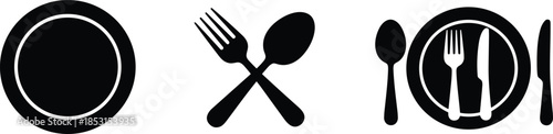 Silhouettes of plates, forks, knives, and spoons representing restaurant dining, kitchen supplies, or catering service icons, simple flat vector illustration with isolated black design